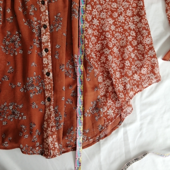 Free People Serena Orange Floral Button Up Semi Sheer Blouse Oversize XS - Picture 10 of 13
